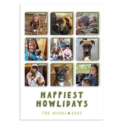 Custom holiday photo card with 9 square images and 'Happiest Howlidays' text