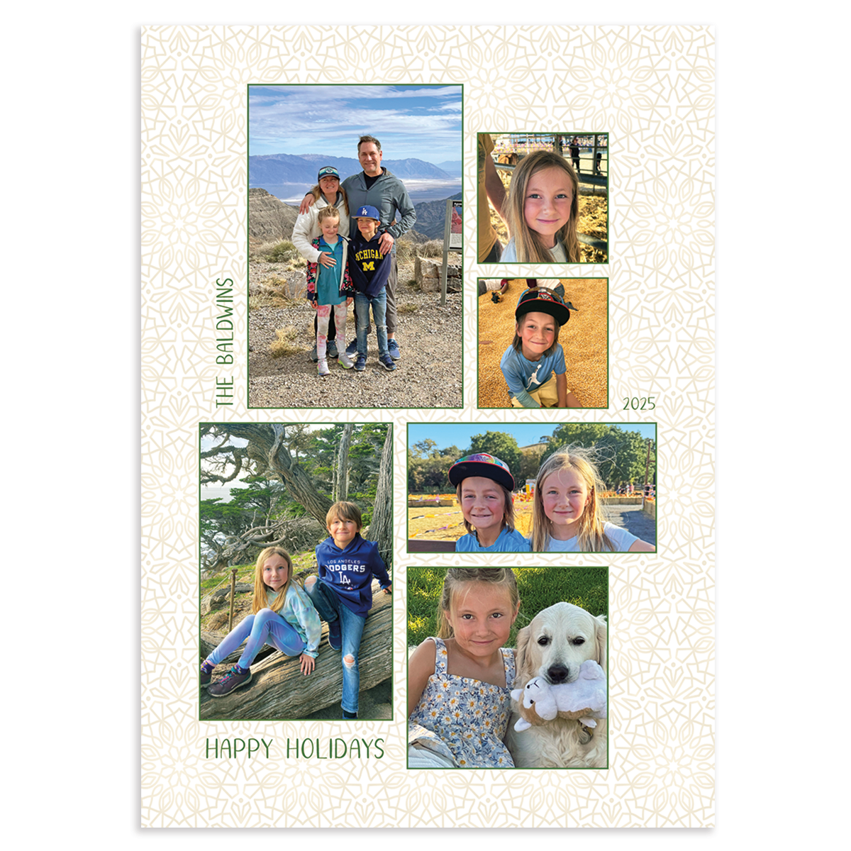 Custom holiday photo card collage of 6 family photos with green borders surrounded by gold snowflake pattern and 'happy holidays' text on white background