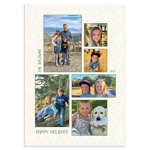 Custom holiday photo card collage of 6 family photos with green borders surrounded by gold snowflake pattern and 'happy holidays' text on white background