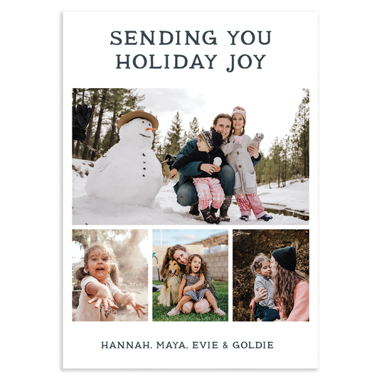 Custom holiday photo card with four photos in a grid pattern and text 'Sending You Holiday Joy' on a white background