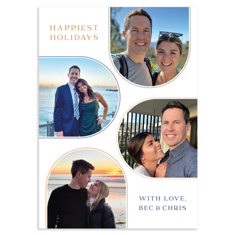 Custom holiday photo card; 4 arches with photos; text reads happiest holidays on white background