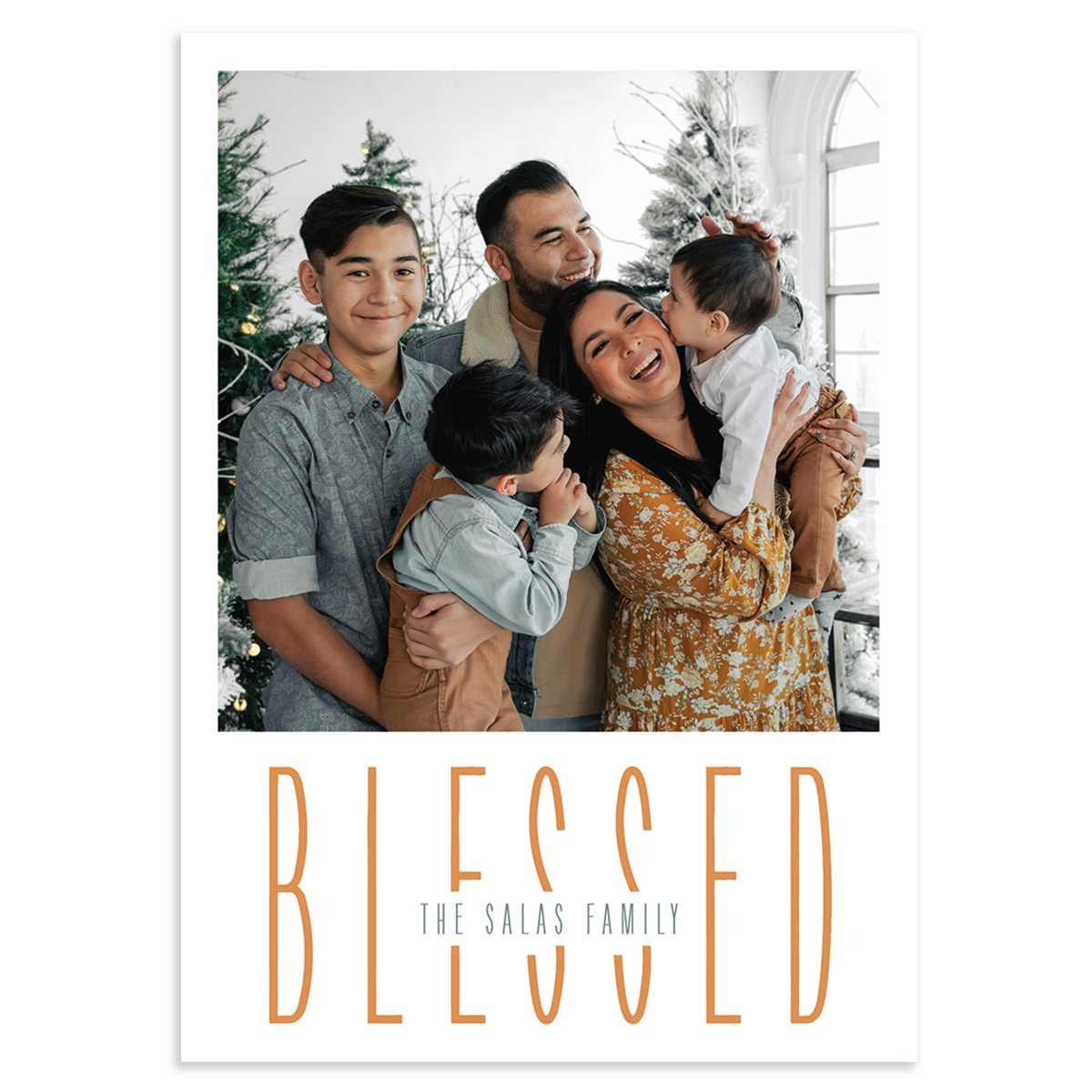 Custom holiday photo card with square image and 'BLESSED' text overlay on a white background