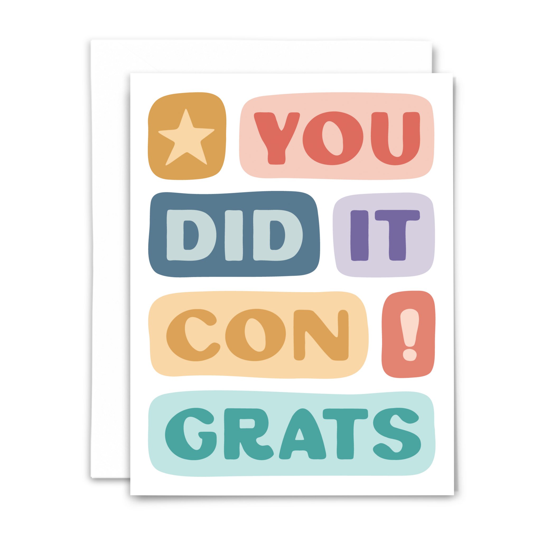 Celebratory and colorful greeting card with text 'you did it congrats!' in bold block letters