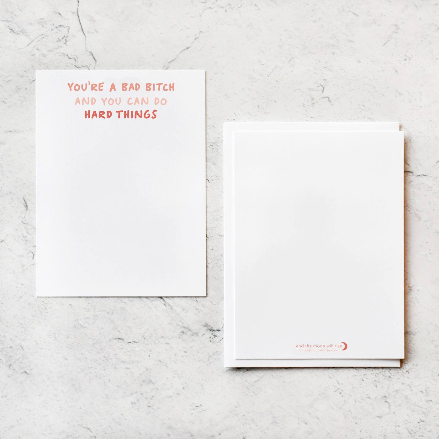 You're a bad bitch and you can do hard things in handwritten coral font on white background; 10 flat notecard set with envelopes