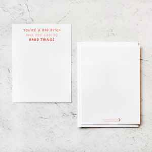 You're a bad bitch and you can do hard things in handwritten coral font on white background; 10 flat notecard set with envelopes