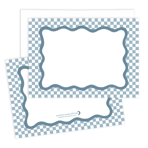 Set of 10 flat notecards with white envelopes; blue and white checkerboard and blue scallop surrounds writeable white space in middle