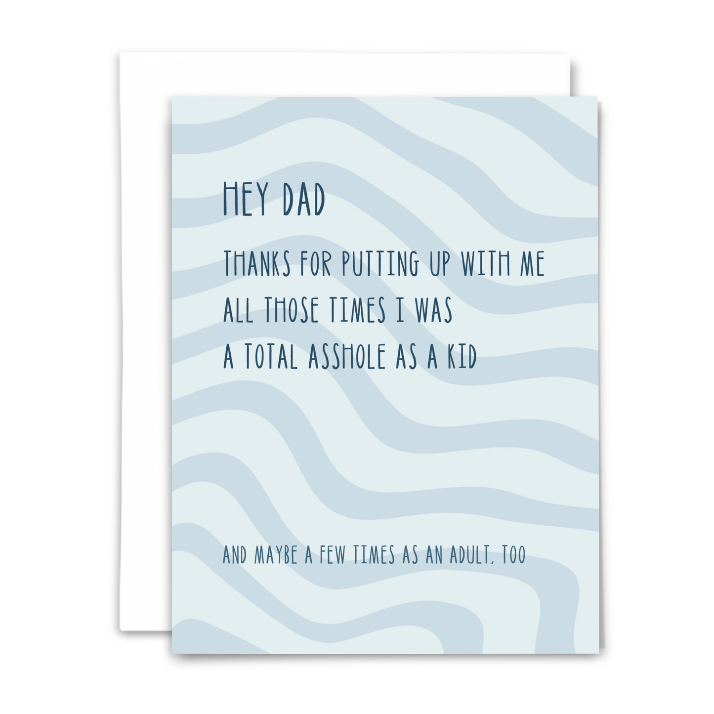 Greeting card with freestyle waves in blue and humorous text for a father with white envelope on a white background