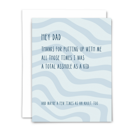 Greeting card with freestyle waves in blue and humorous text for a father with white envelope on a white background