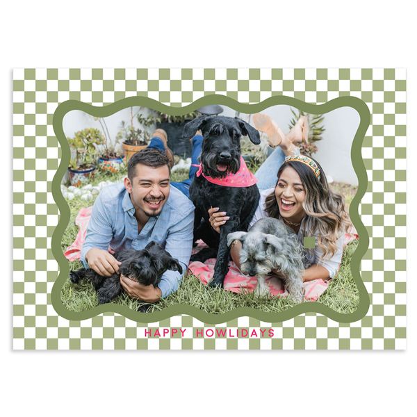 Custom holiday photo card with single horizontal photo surrounded by irregular scalloped border and green and white checkered background