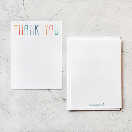 Thank you notecard set; 10 flat A1 notecards with white envelopes; rainbow block font on white paper