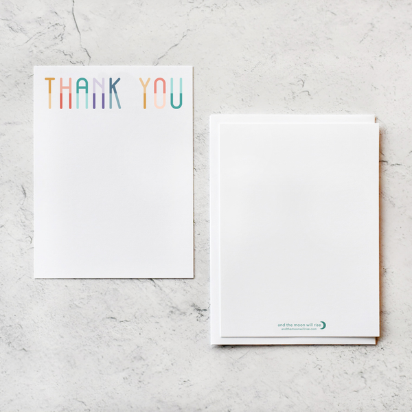 Thank you notecard set; 10 flat A1 notecards with white envelopes; rainbow block font on white paper
