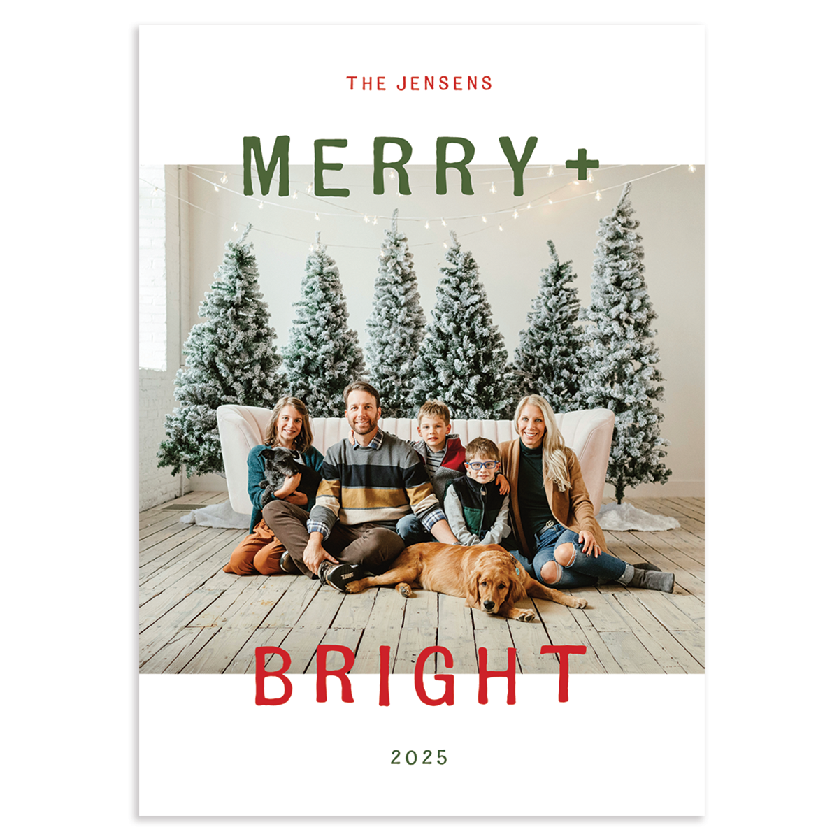 Custom holiday card with single landscape photo with 'merry + bright' in green and red on white background