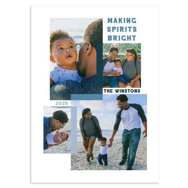 Custom holiday photo card with text 'making spirits bright' and four photos with color block dividers on white background