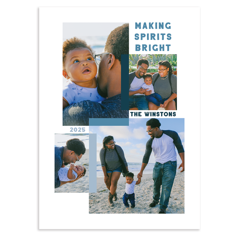 Custom holiday photo card with text 'making spirits bright' and four photos with color block dividers on white background