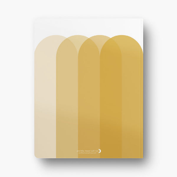 Back cover of dot grid 72-page notebook with soft touch cover; overlapping arches in shades of gold
