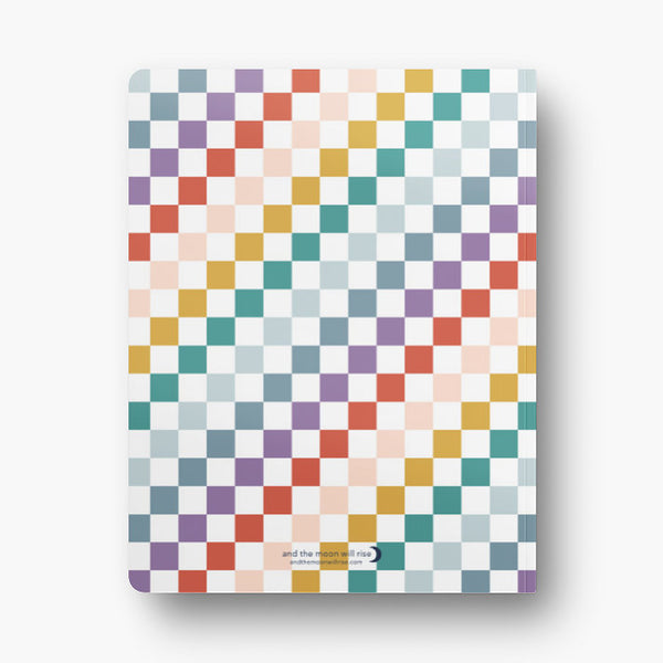 Back cover of dot grid 72-page notebook with soft touch cover; rainbow checkered pattern alternating with white