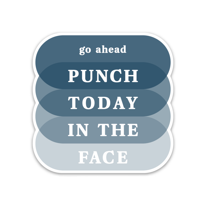 3" rounded square with text 'go ahead PUNCH TODAY IN THE FACE' in white atop layered ovals in shades of blue with white border