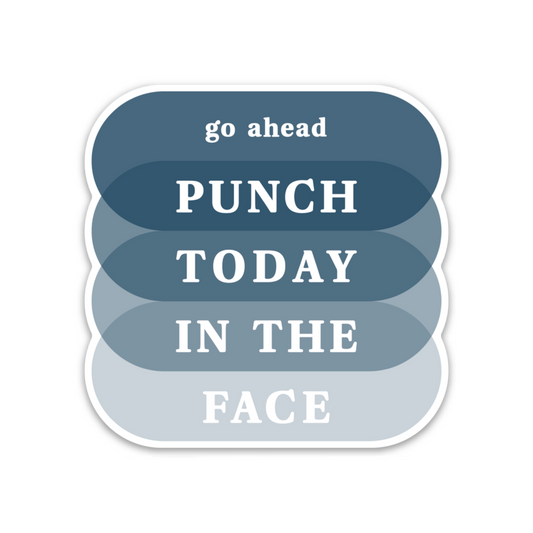 3" rounded square with text 'go ahead PUNCH TODAY IN THE FACE' in white atop layered ovals in shades of blue with white border