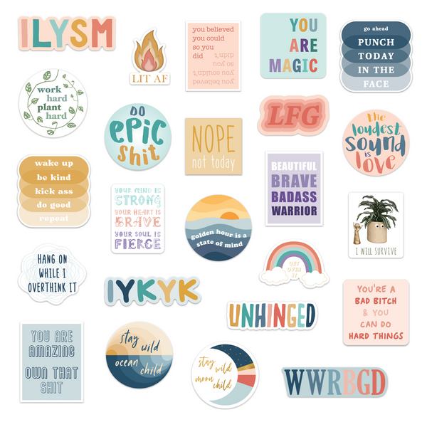 Collection of 24 colorful motivational stickers with various phrases on a white background