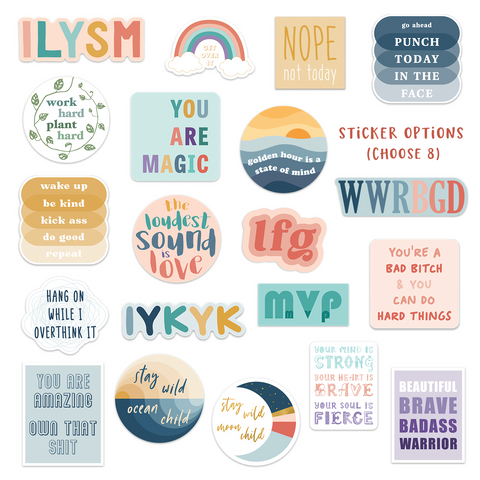 Choose 8 of 20 stickers; bright, bold, colorful, playful; waterproof, durable vinyl