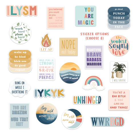 Collection of colorful motivational stickers with various phrases on a white background