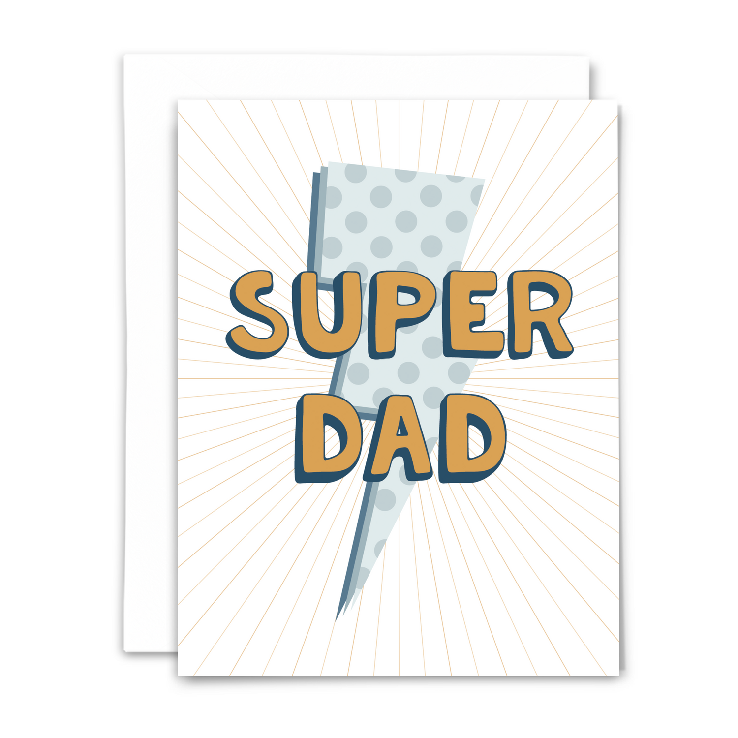 Super dad ever greeting card with blank interior; blue lightning bolt with polka dots atop gold lines radiating out from center with large navy and gold bubble text 'SUPER DAD' with white envelope
