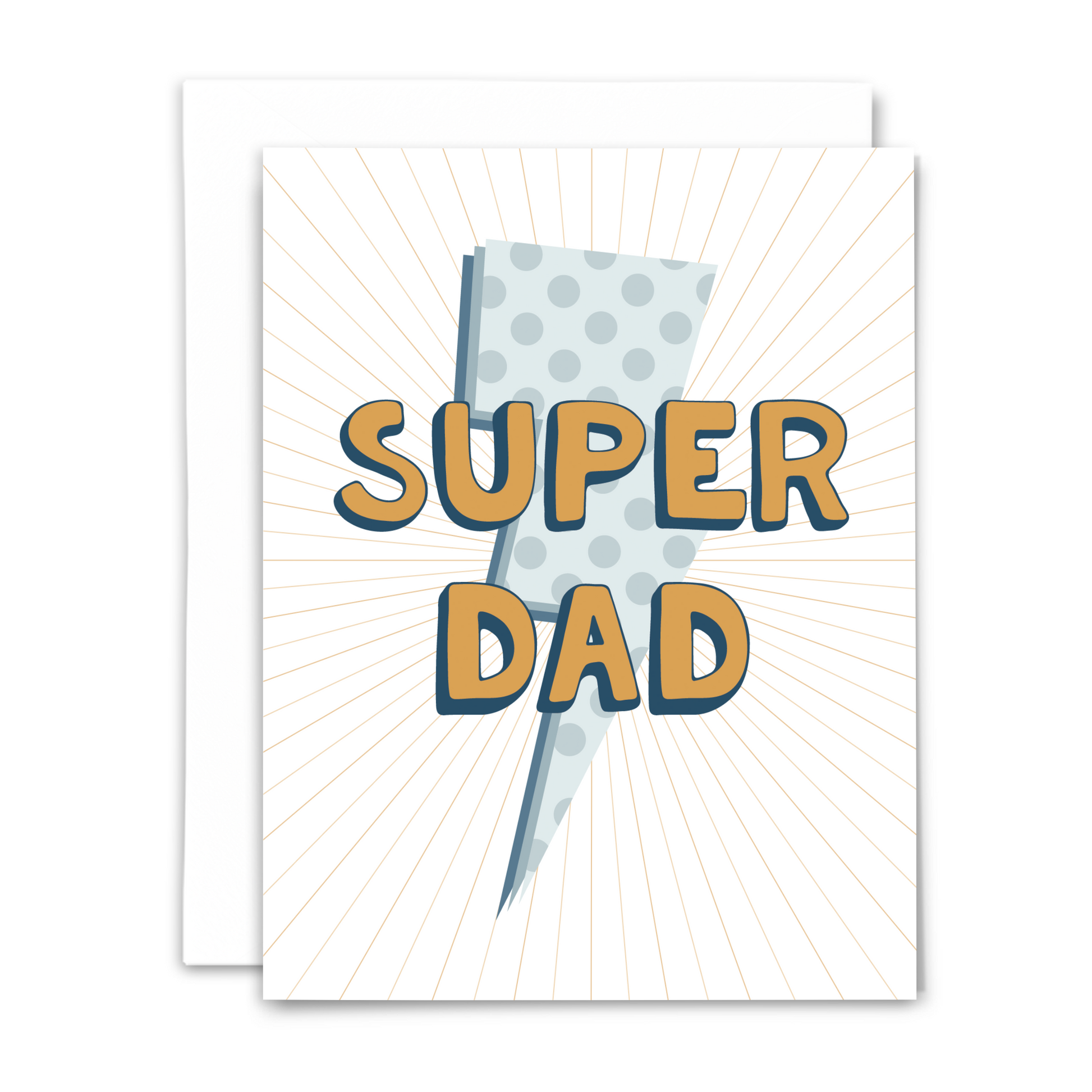 Super dad ever greeting card with blank interior; blue lightning bolt with polka dots atop gold lines radiating out from center with large navy and gold bubble text 'SUPER DAD' with white envelope