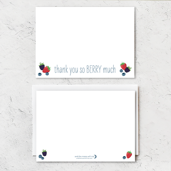 Thank you so berry much notecard set; 10 flat A1 notecards with white envelopes; blackberries strawberries and blueberries with blue hand lettered font