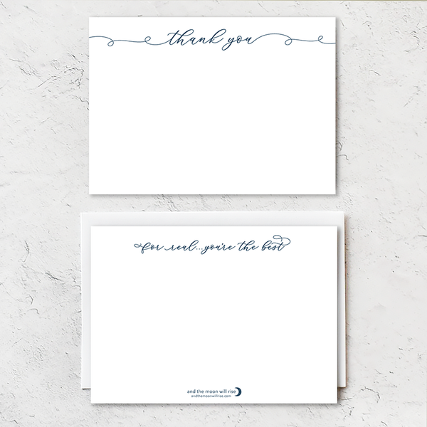 Thank you...for real...you're the best notecard set; 10 flat A1 notecards with white envelopes; navy script font on white paper