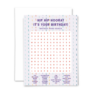 Birthday word search greeting card "hip hip hooray it's your birthday!" in purple font on light purple background with colorful stripes; 24-word word search with answers on back and blank interior; with white envelope