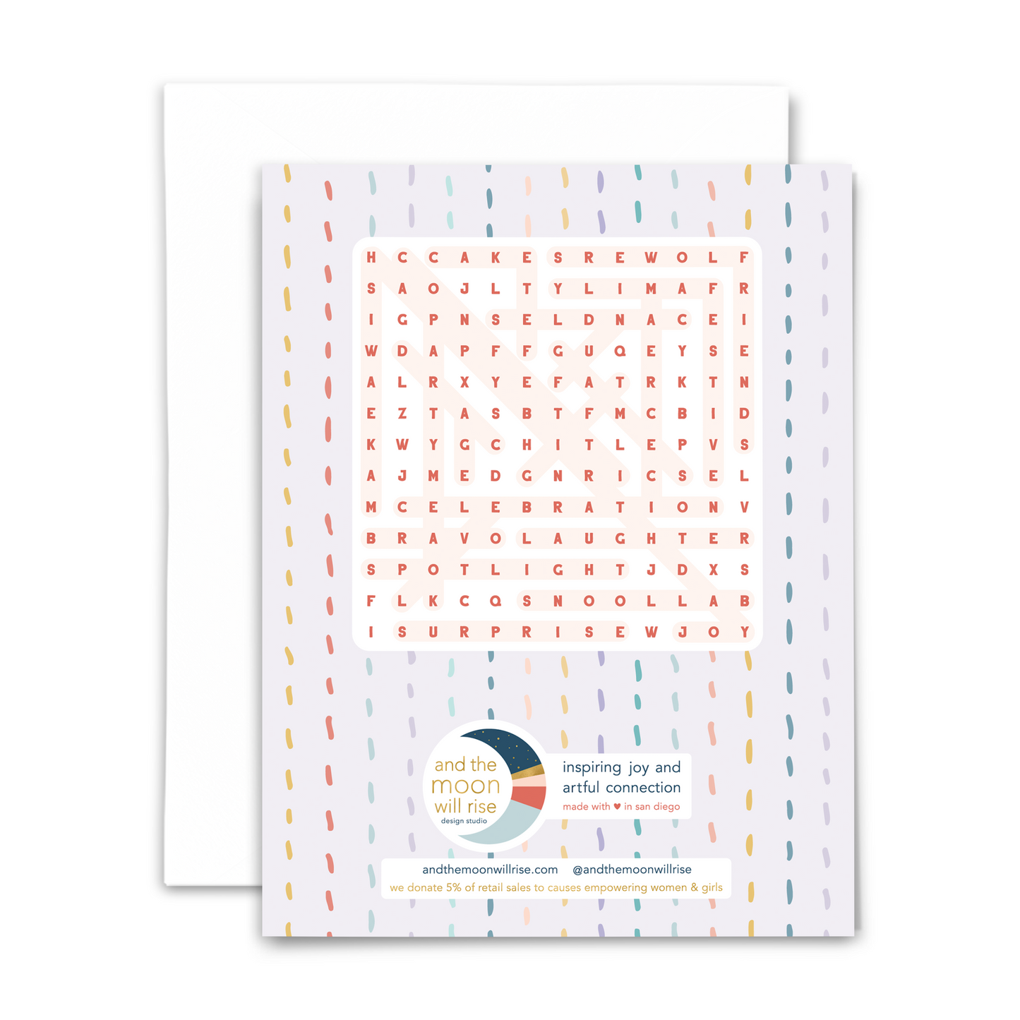 Back of birthday word search greeting card with answers for 24-word word search; with white envelope