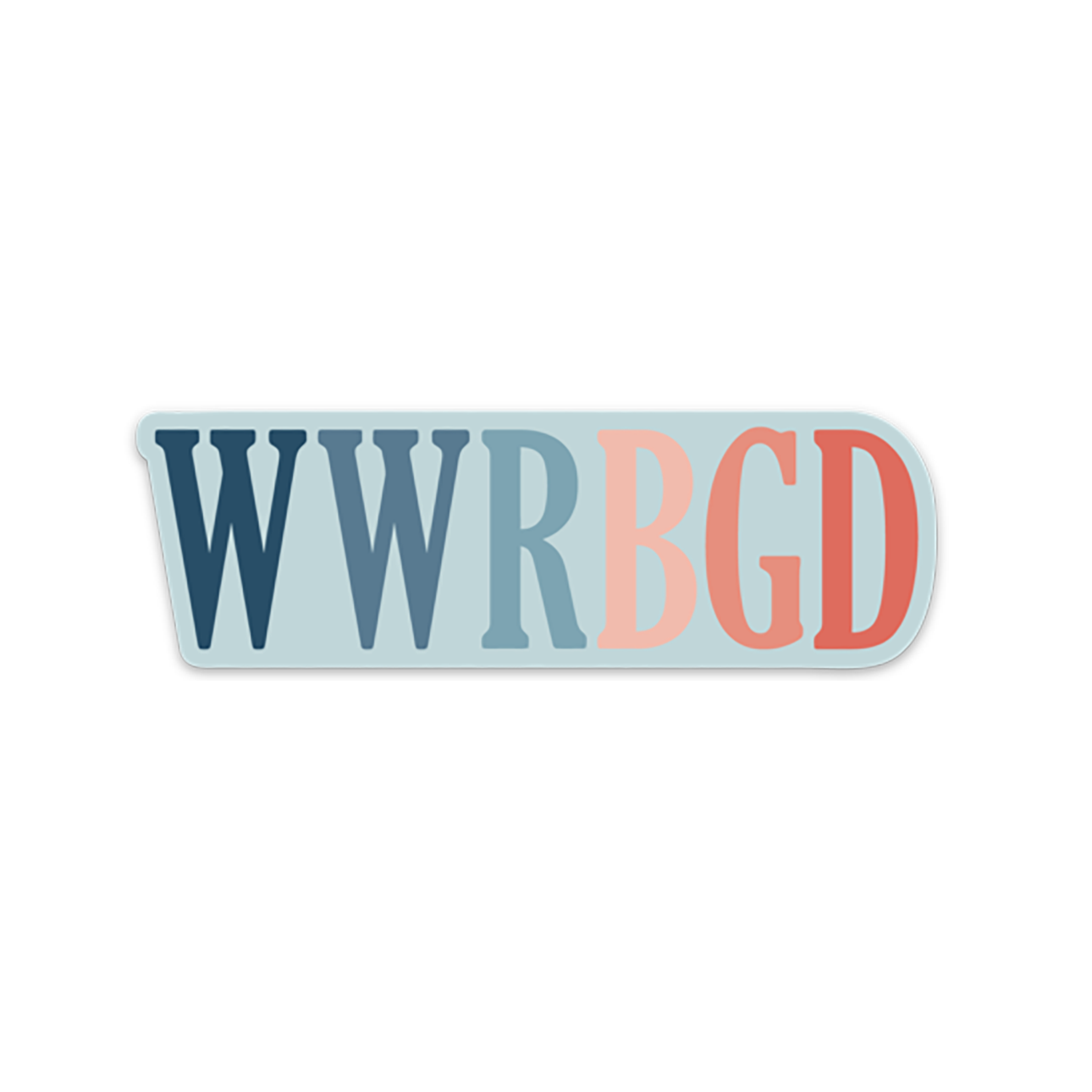 4"L light blue rectangle with text 'WWRBGD' in shades of blue and coral