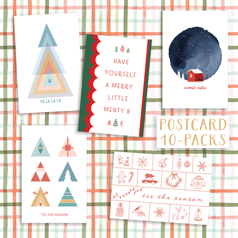 Collection of Christmas-themed postcards on a plaid background