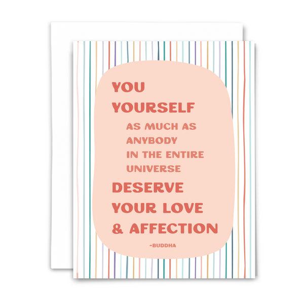 Encouragement greeting card with a Buddha quote on a pink text bubble against a multi colored striped background