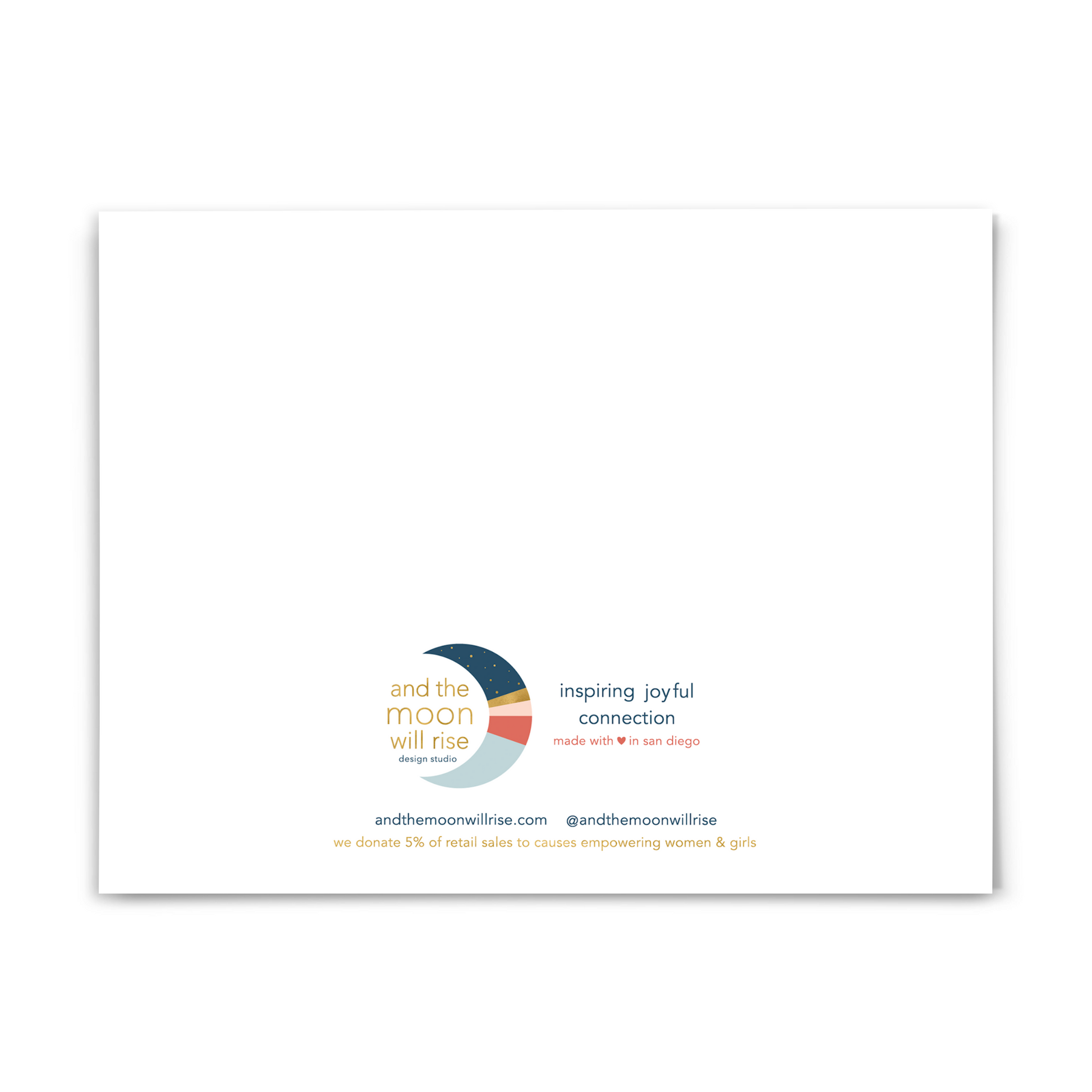 Back of A2 folded greeting card; and the moon will rise logo on white background