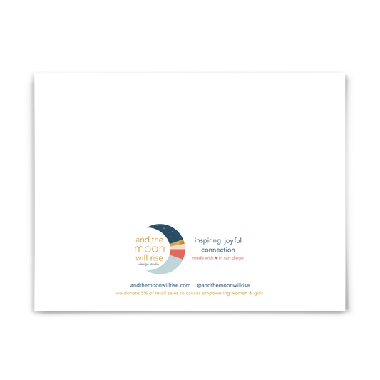 Back of A2 folded greeting card; and the moon will rise logo on white background