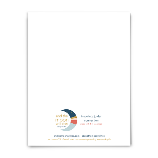 Back of A2 folded greeting card; and the moon will rise logo on white background