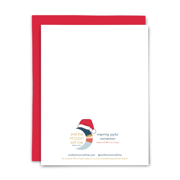 Back of holiday greeting card with Santa hat on logo on white background with red envelopes