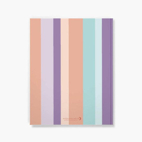 Back cover of unlined 72-page notebook with soft touch cover; thick vertical stripes in shades of pink, mint and purple