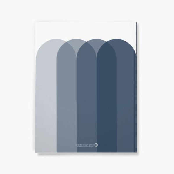 Back cover of unlined 72-page notebook with soft touch cover; overlapping arches in shades of navy