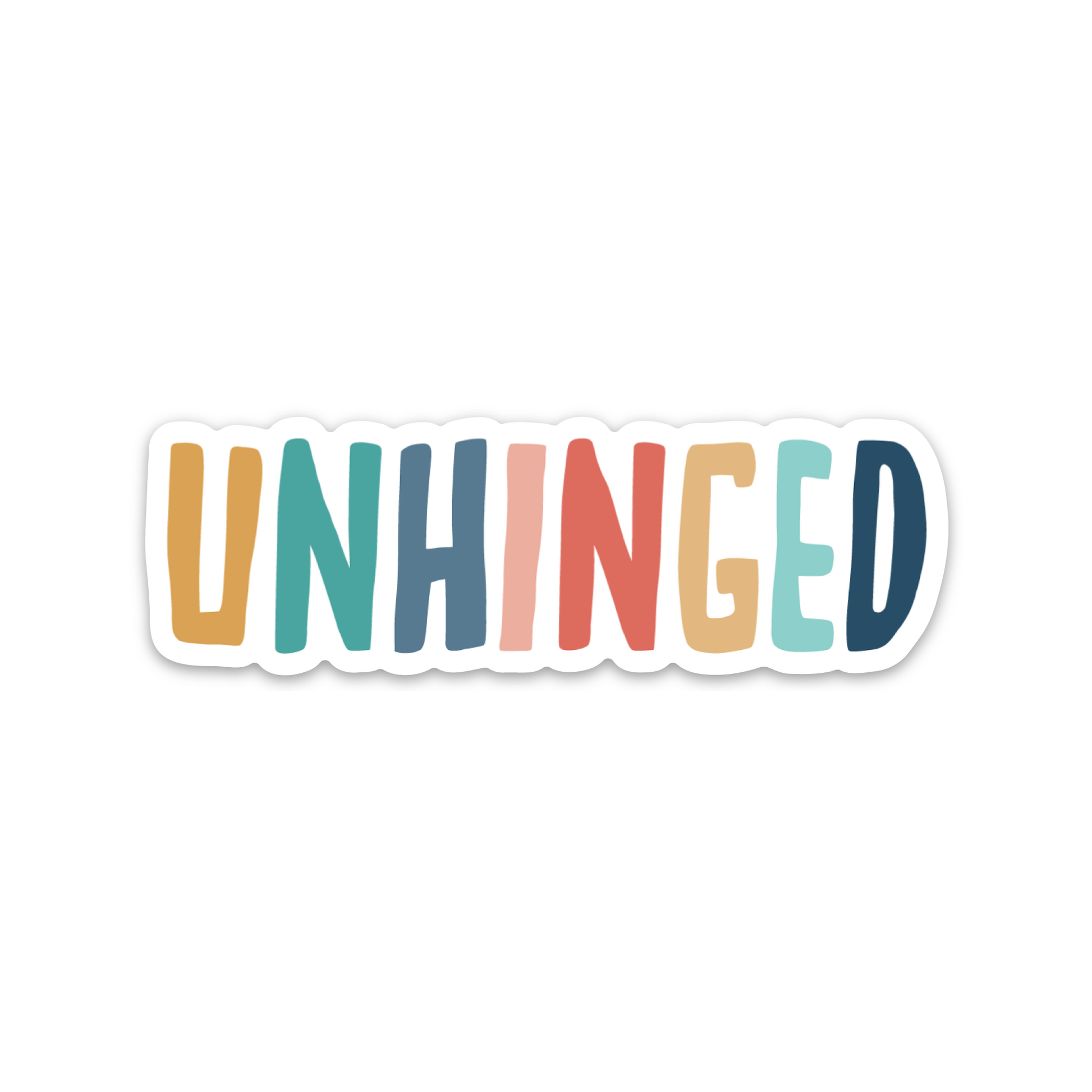 White diecut vinyl sticker with handdrawn 'UNHINGED' text in mustard,  teal, blue, navy, coral, and pink 