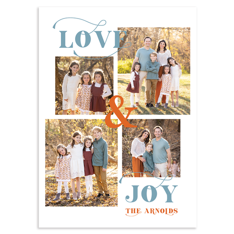 Custom holiday photo card with 4-photo vertical grid on white background