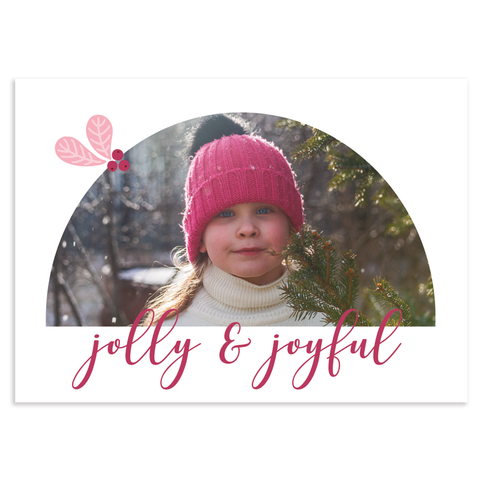 Custom holiday photo card; 1 photo in half moon with "jolly & joyful" text in bright pink script font below; on white background