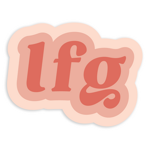 LFG vinyl waterproof sticker 3"w x 2.3"h in coral font