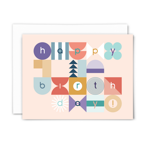 blank greeting card, "happy birthday" in modern sans-serif font atop modern colorful shapes on blush background with white envelope