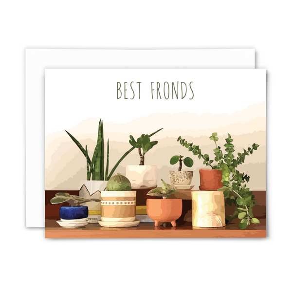 "Best fronds" blank greeting card from "Planty Puns" collection, featuring assorted plants and pots on white and cream background and green lettering; with white envelope