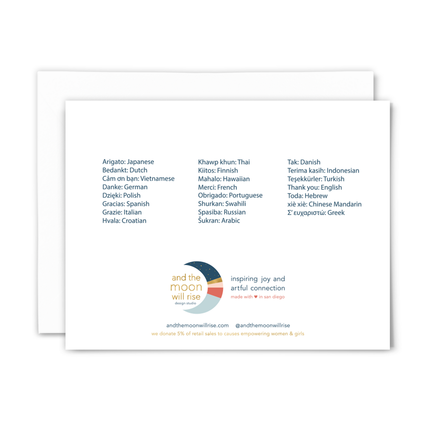 Back side of blank birthday card with translation of thank you in 23 languages with and the moon will rise logo