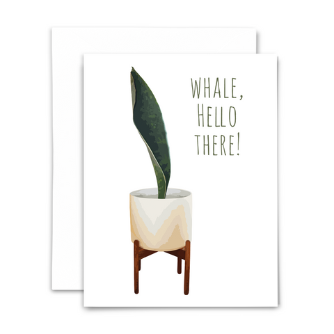 "Whale, hello there" blank greeting card from "Planty Puns" collection, featuring whale fin sansevieria on white background with green lettering; with white envelope