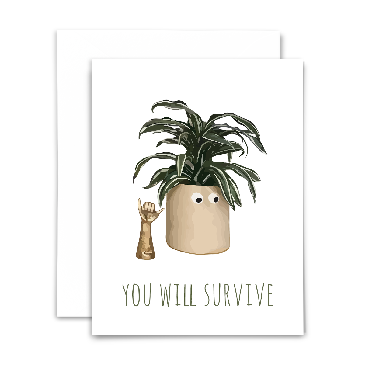 "You will survive" blank greeting card from "Planty Puns" collection, featuring Dracaena warneckii on white background with green lettering; with white envelope