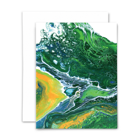 A2 folded blank greeting card of acrylic pour painting. Color profile: greens, golds, blues; with white envelope.